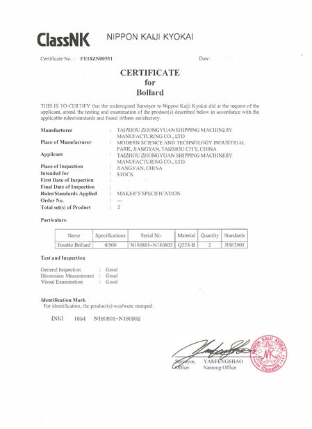 Chiny Zhongyuan Ship Machinery Manufacture (Group) Co., Ltd Certyfikaty